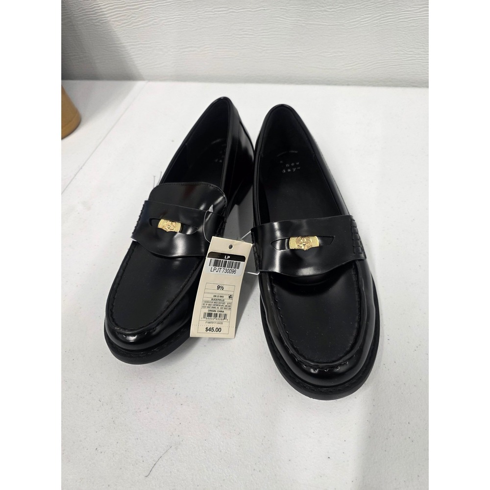 A New Day Womens Black Faux Leather Loafers Gold Hardware Slip On Shoes 9.5